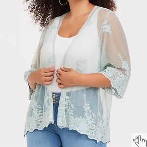 Torrid Mint Green Floral Embroidery Mesh Lace Sheer Kimono Cover Up Size 1X 2X